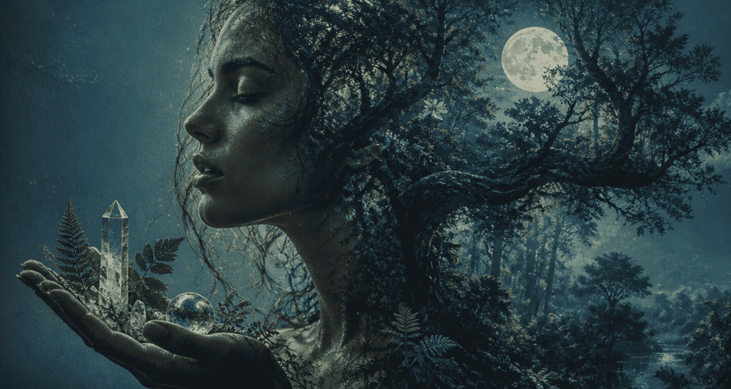 comment savoir si on est une sorcière portrait double exposition femme forêt lune