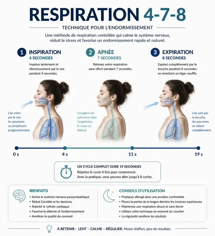 Infographie de la technique de respiration 4-7-8 pour s'endormir rapidement