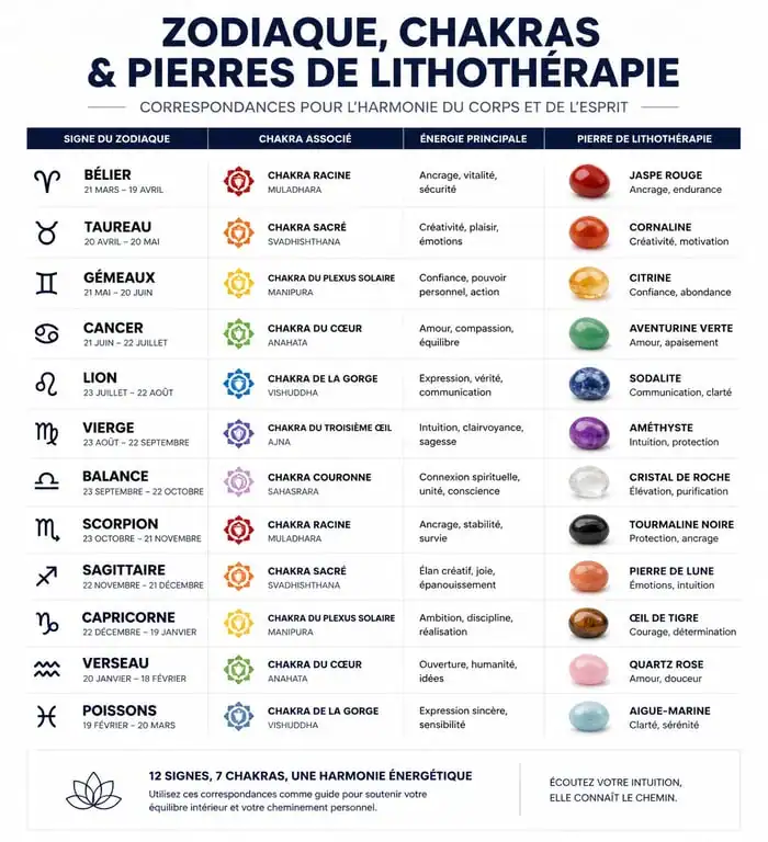 Infographie des correspondances entre signes du zodiaque, chakras et pierres de lithothérapie pour savoir quelle pierre me correspond