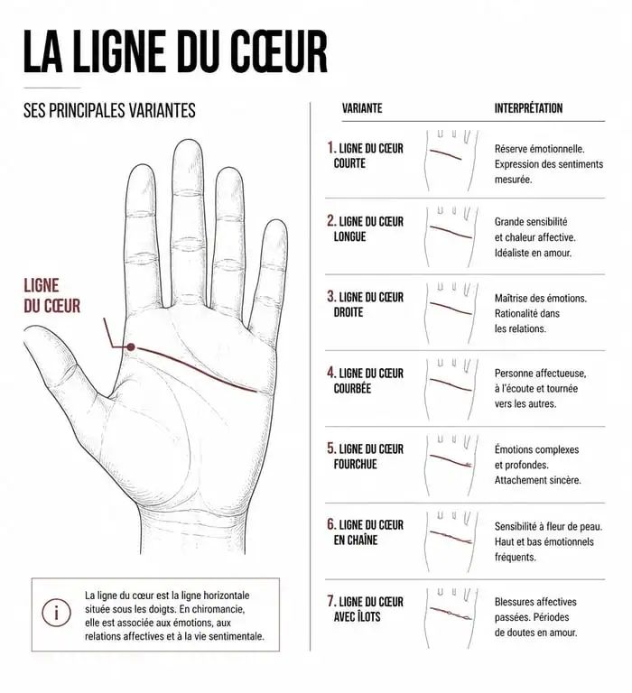 Schéma explicatif des variantes de la ligne du cœur en chiromancie pour l'analyse de la ligne de la main amour