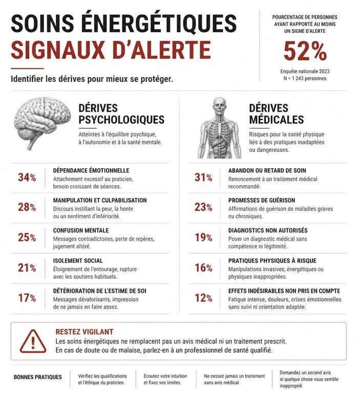 Infographie des signaux d'alerte et risques liés aux soins énergétiques