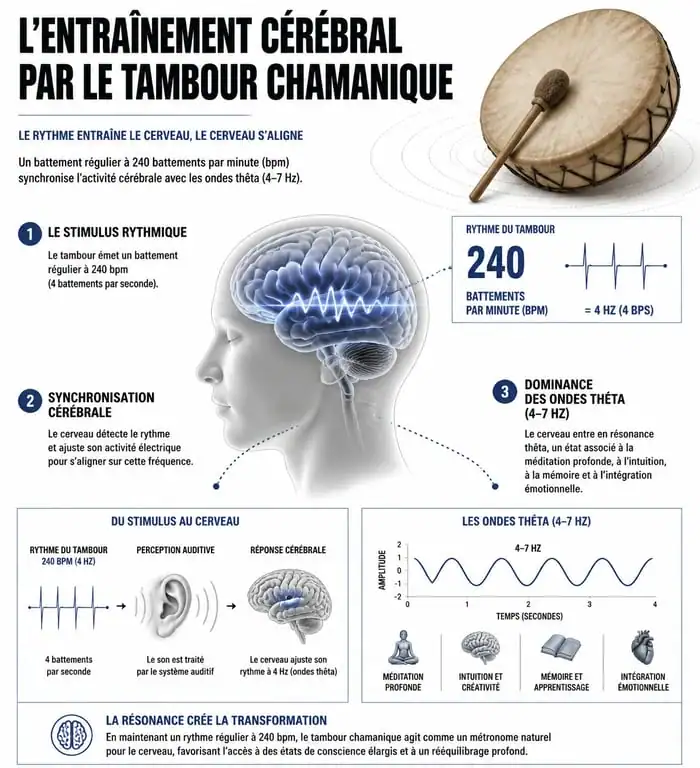 Infographie sur l'entraînement cérébral et les ondes thêta induites par la musique chamanique au tambour