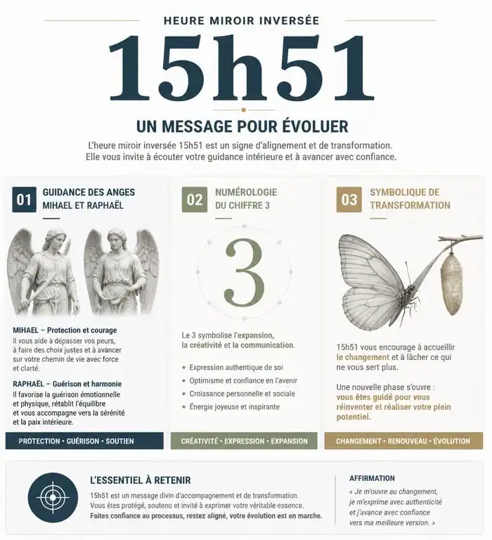 Infographie explicative de la signification spirituelle et numérologique de l'heure miroir 15h51