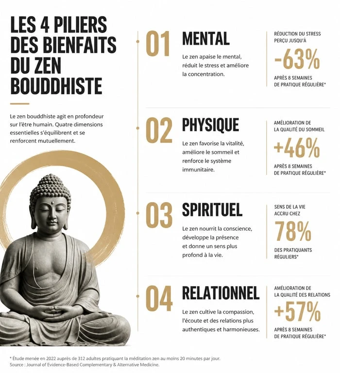 Infographie des bienfaits du zen bouddhiste sur la santé mentale et physique