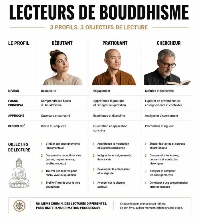 Infographie comparative des profils de lecteurs pour choisir son livre sur le bouddhisme