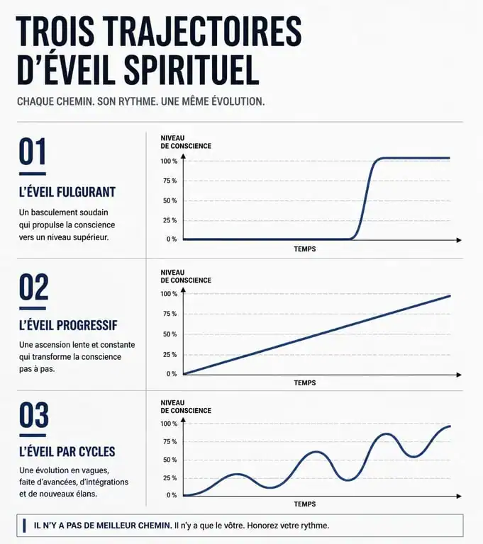Infographie comparant les durées et les types d'éveil spirituel : fulgurant, progressif et par cycles.