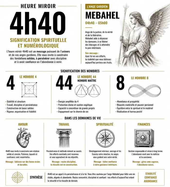 Signification spirituelle et numérologique de l'heure miroir 4h40 et ange Mebahel