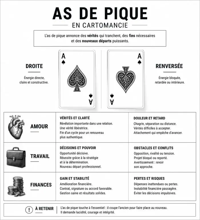 Infographie récapitulative des significations de l'as de pique en cartomancie