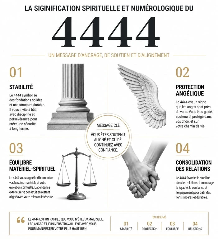 Infographie sur la signification spirituelle et numérologique du nombre 4444