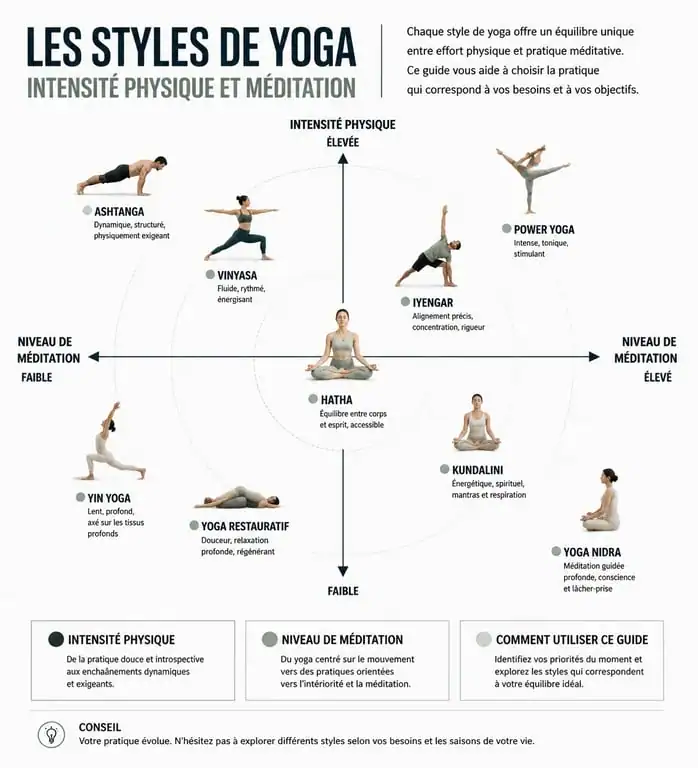 Infographie comparative des différents types de yoga : Hatha, Vinyasa, Ashtanga, Yin, Iyengar et Kundalini selon leur intensité et leurs bienfaits.