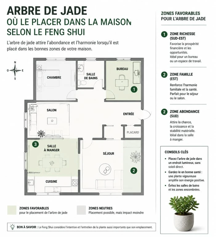 Infographie du placement idéal de l'arbre de jade selon le Feng Shui pour attirer la prospérité dans la maison