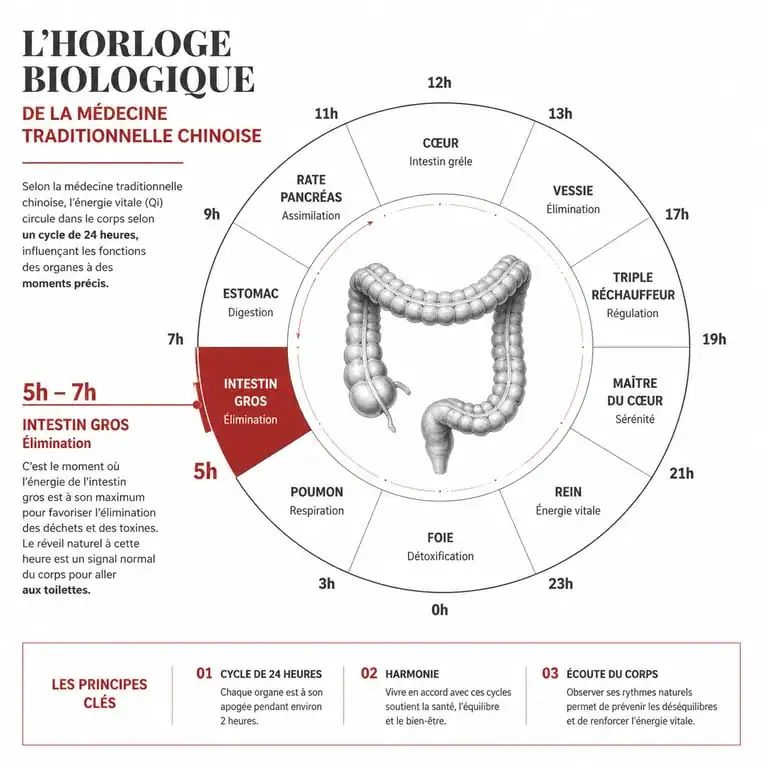 Infographie de l'horloge biologique chinoise montrant la signification du réveil à 5h du matin