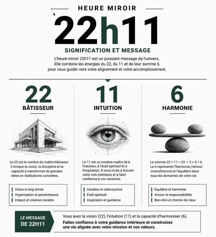 Infographie explicative de la signification de l'heure miroir 22h11 en numérologie