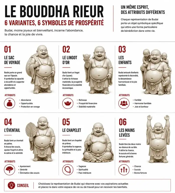 Infographie des 6 variantes et significations du Bouddha rieur