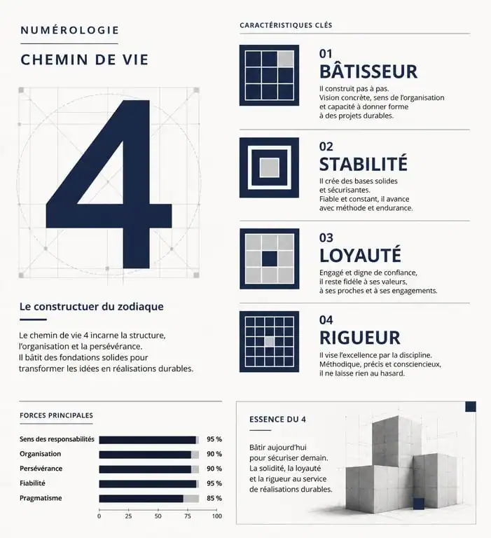 Infographie des caractéristiques et traits de personnalité du chemin de vie 4 en numérologie