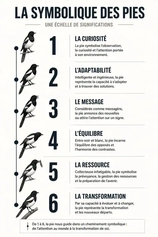 Infographie récapitulant la signification de voir 3 pies et autres nombres de pies dans le folklore