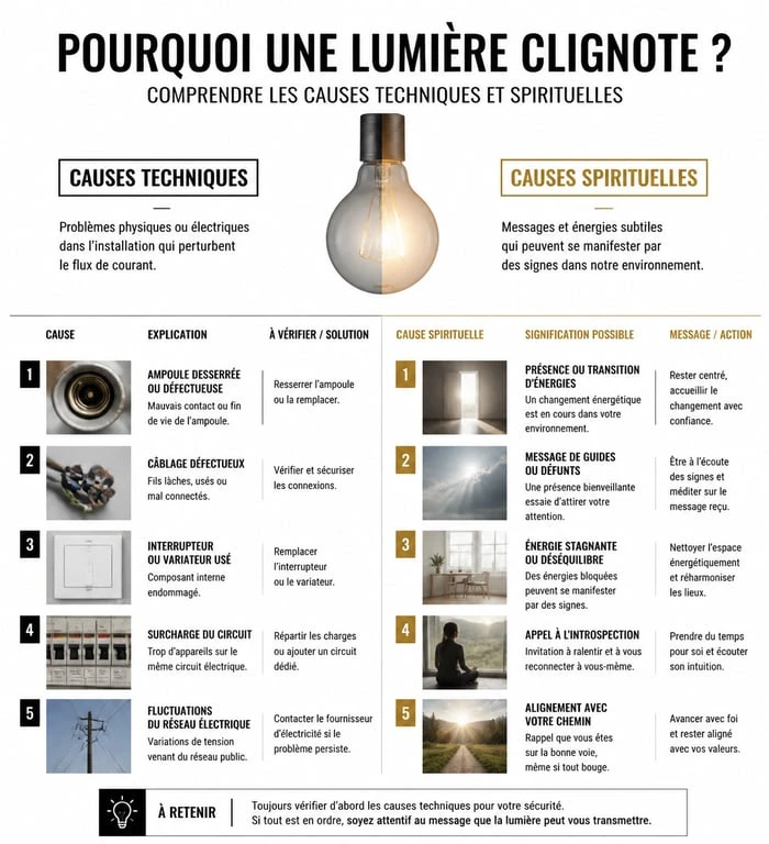 Infographie comparant les causes techniques et spirituelles d'une lumière qui clignote toute seule