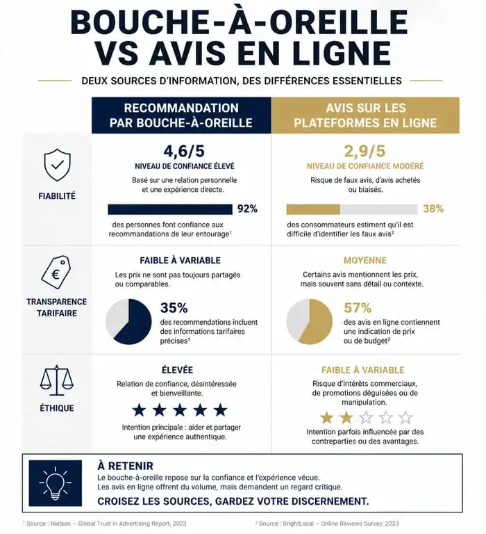 Infographie comparative : bouche-à-oreille vs avis en ligne pour trouver un bon voyant fiable