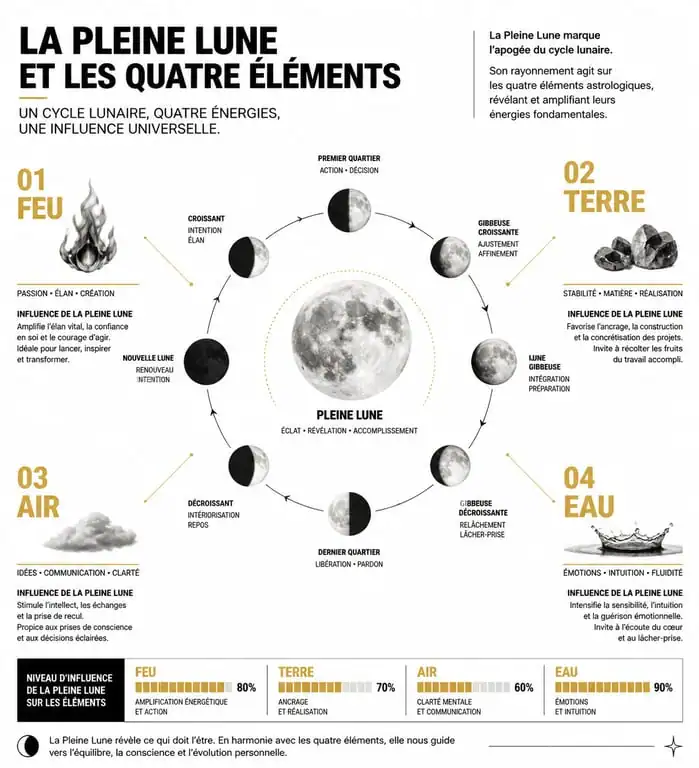 Infographie illustrant l'influence de la pleine lune sur les signes astrologiques selon les éléments