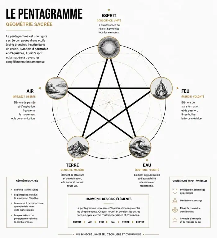 Infographie explicative de la signification du pentagramme et de la symbolique des cinq éléments