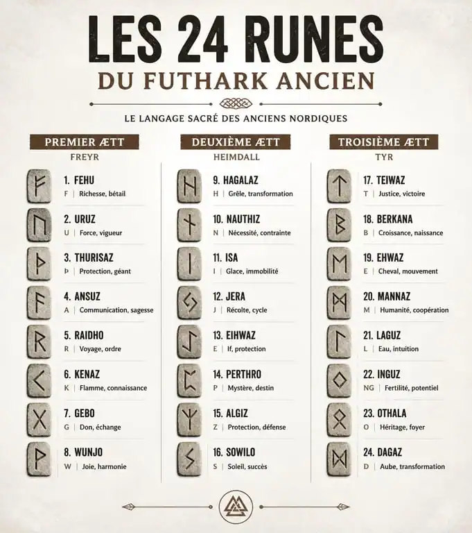Infographie des 24 runes du Futhark ancien et leur signification