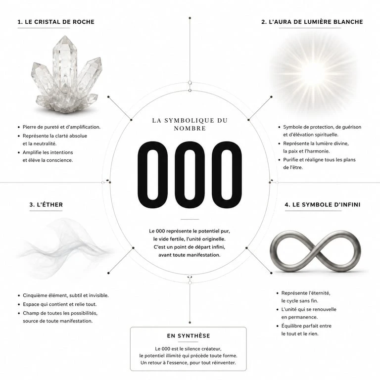 Infographie de la signification spirituelle du nombre 000 : symbolique, minéral, couleur et message clé.