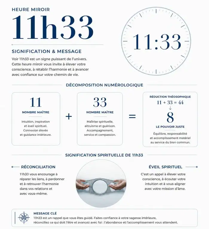Infographie expliquant la signification spirituelle et numérologique de l'heure miroir 11h33