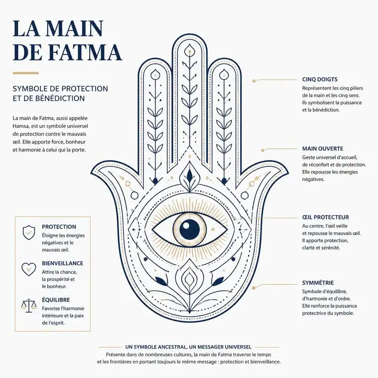 Schéma explicatif de la main de Fatma et sa symbolique protectrice