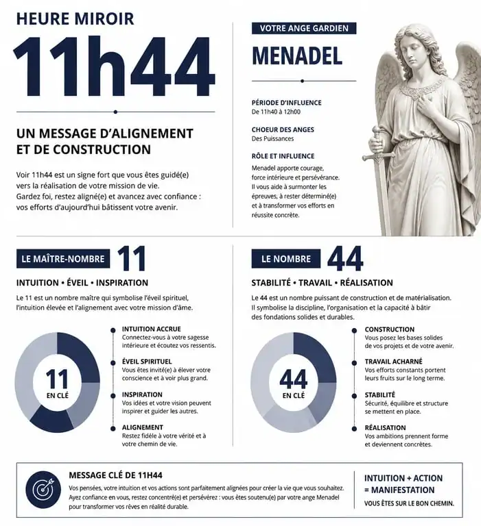 Infographie explicative de la signification spirituelle et numérologique de l'heure miroir 11h44