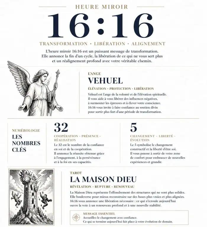 Infographie explicative de la signification spirituelle et numérologique de l'heure miroir 16:16