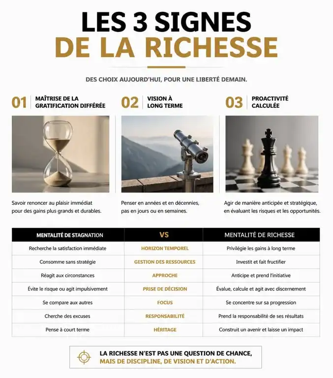Infographie des 3 signes que vous allez devenir riche un jour et comparaison des mentalités financières