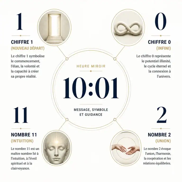 Infographie explicative de la signification spirituelle et numérologique de l'heure miroir 10h01 en amour