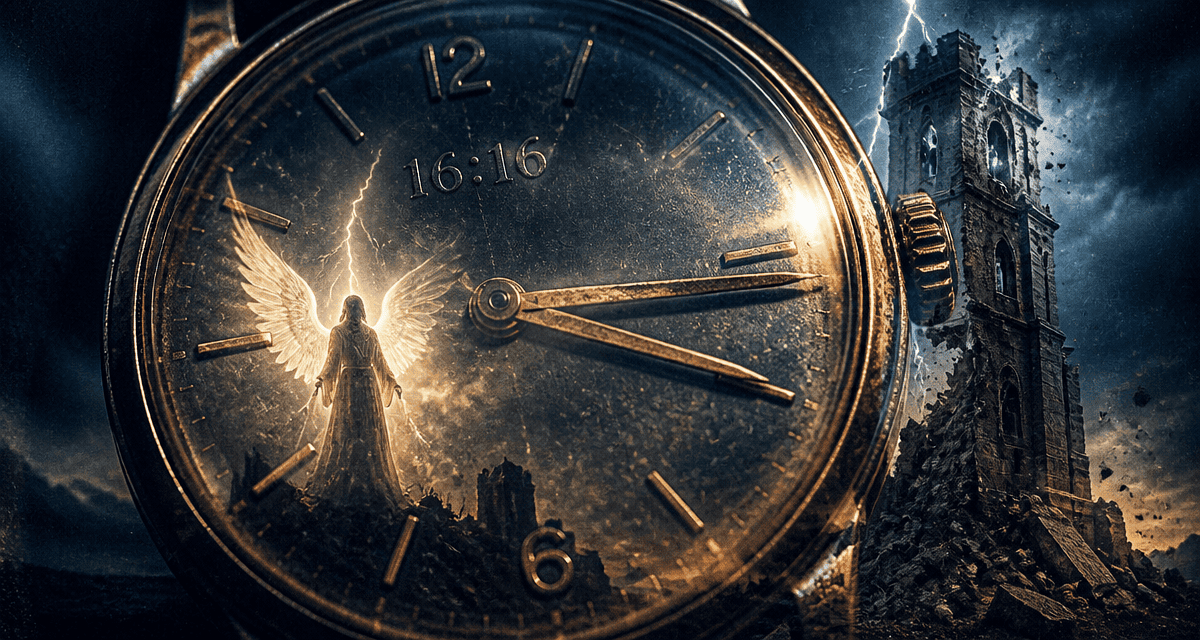 Heure miroir 16:16 sur montre ancienne et silhouette d’ange