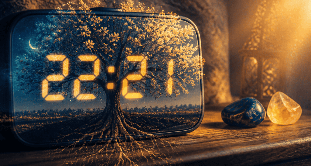 Heure miroir 22h21 sur horloge digitale avec arbre et pierres