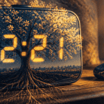 Heure miroir 22h21 sur horloge digitale avec arbre et pierres
