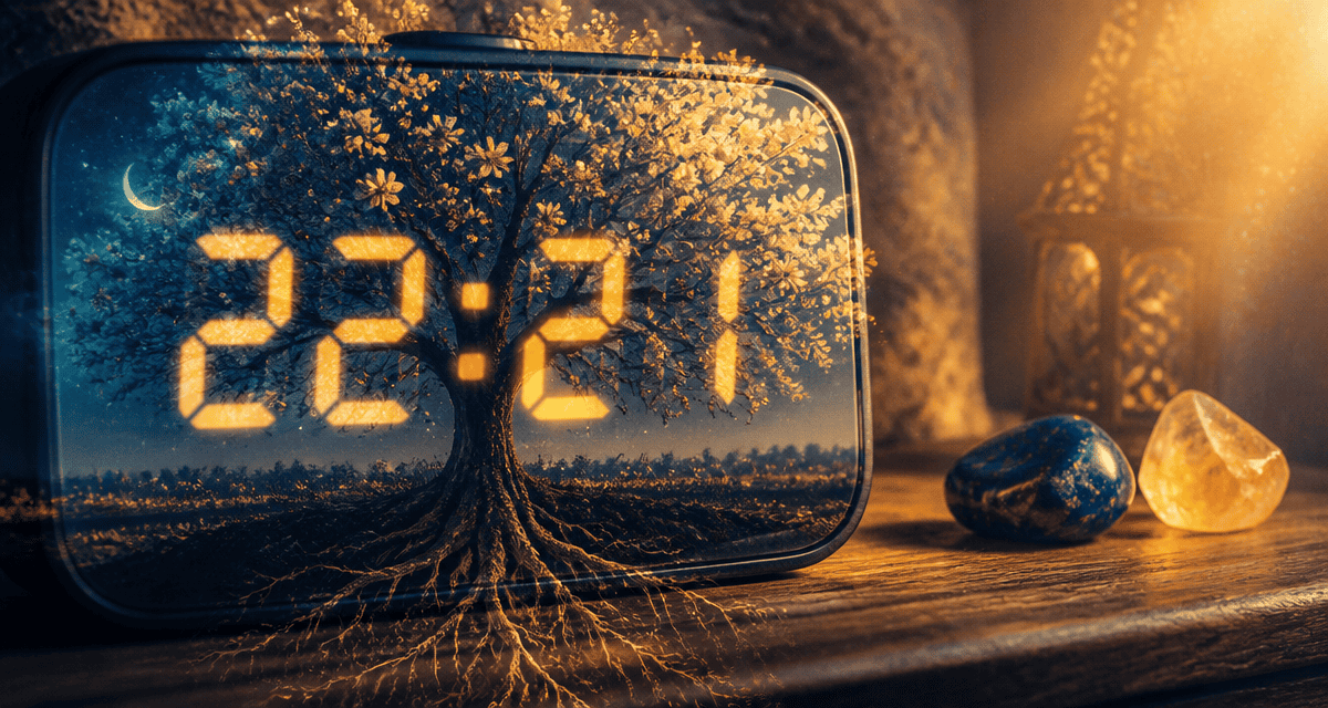 Heure miroir 22h21 sur horloge digitale avec arbre et pierres