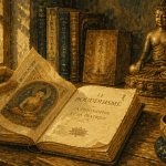 livre sur le bouddhisme feuilleté devant statue bouddha