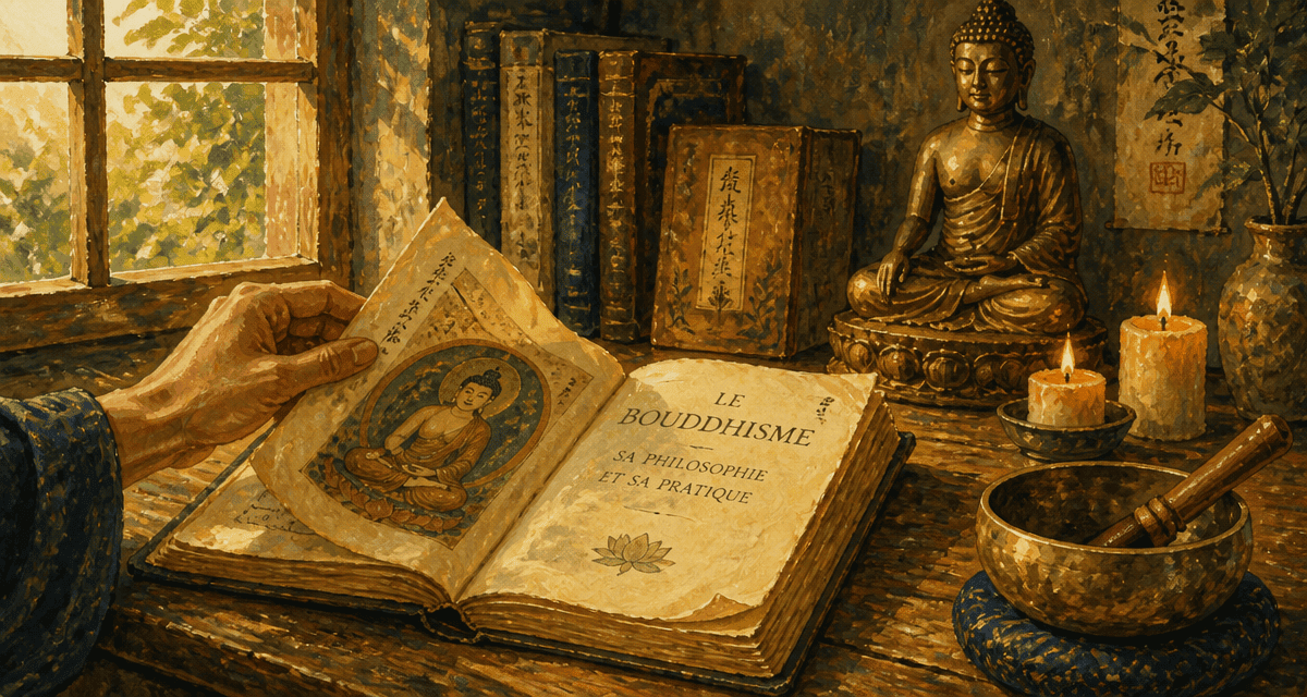 livre sur le bouddhisme feuilleté devant statue bouddha