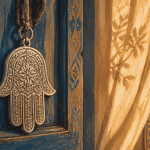 Mains de Fatma signification sur porte bois méditerranéenne