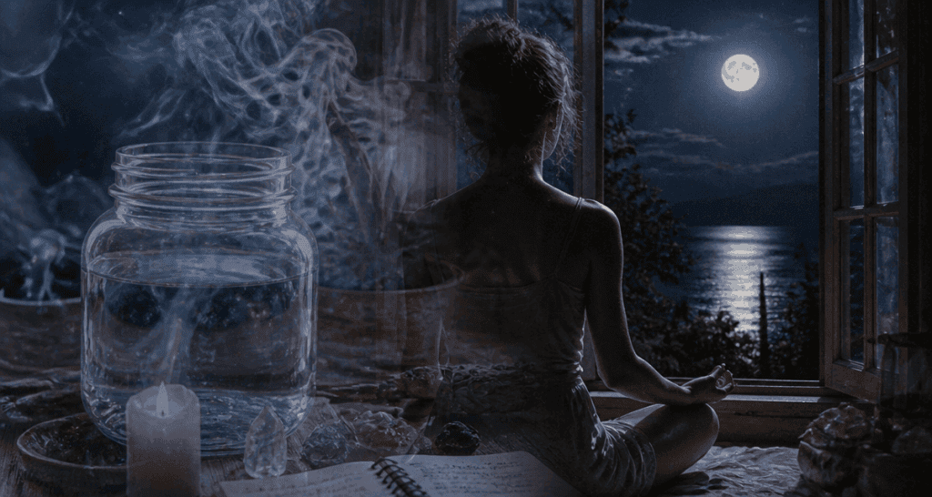 rituel pleine lune femme méditation autel