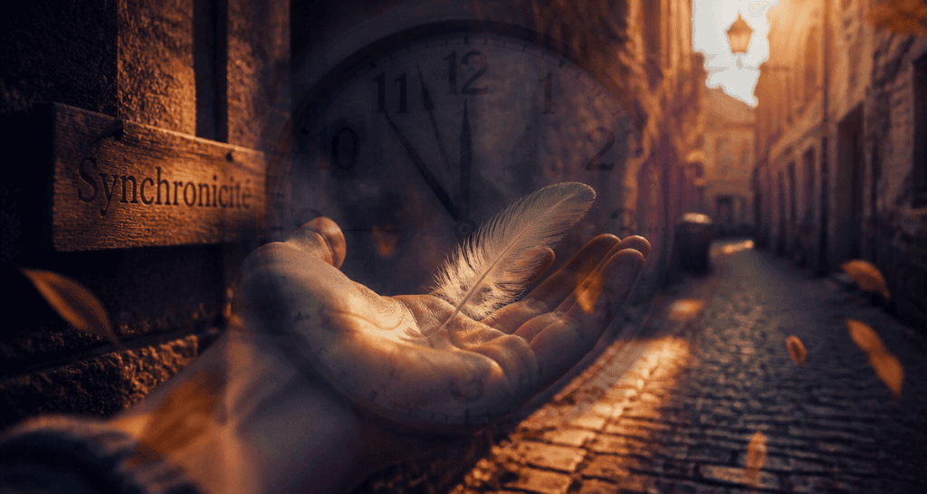signe de l univers synchronicité main plume horloge