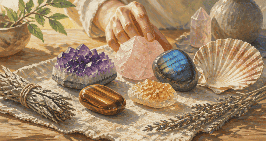 tableau signification des pierres sur table bois