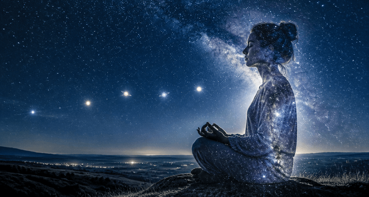 alignement des planètes signification spirituelle 2025 silhouette méditant