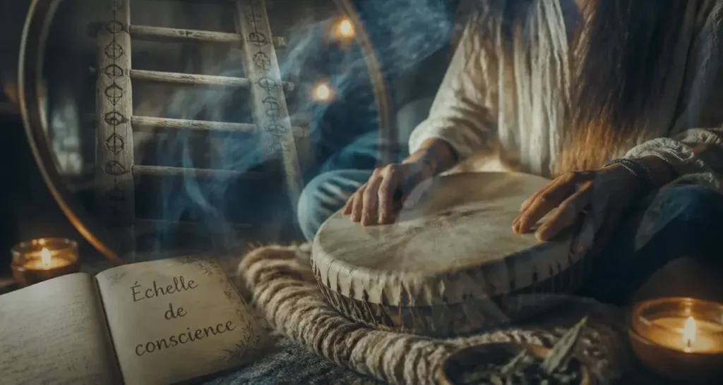 Chamane ar coaching : échelle de conscience, tambour chamanique, reflet, fumée de sauge
