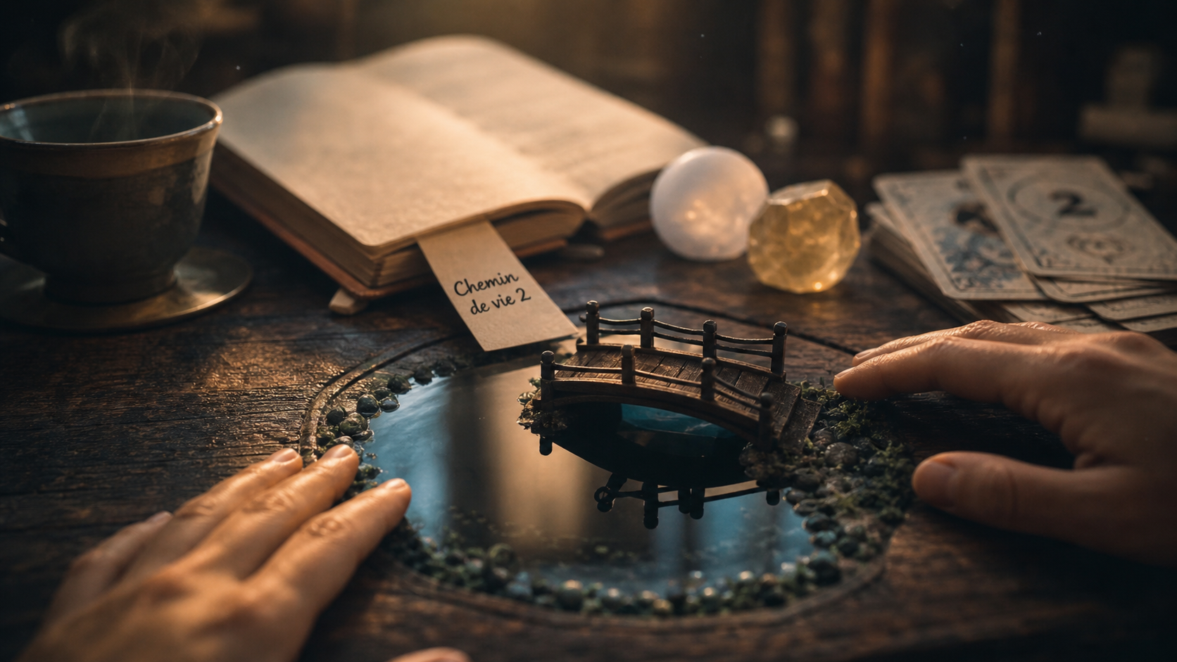 Chemin de vie 2 : mains, pont miniature et pierre de lune, thé, numérologie