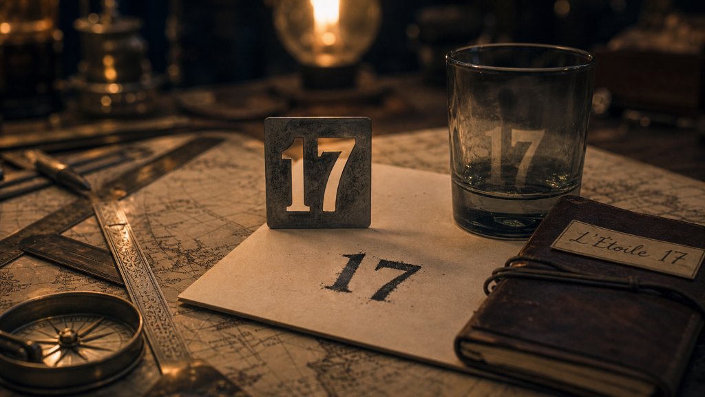 Chiffre 17 projeté sur une feuille avec outils de mathématiques et carte du monde