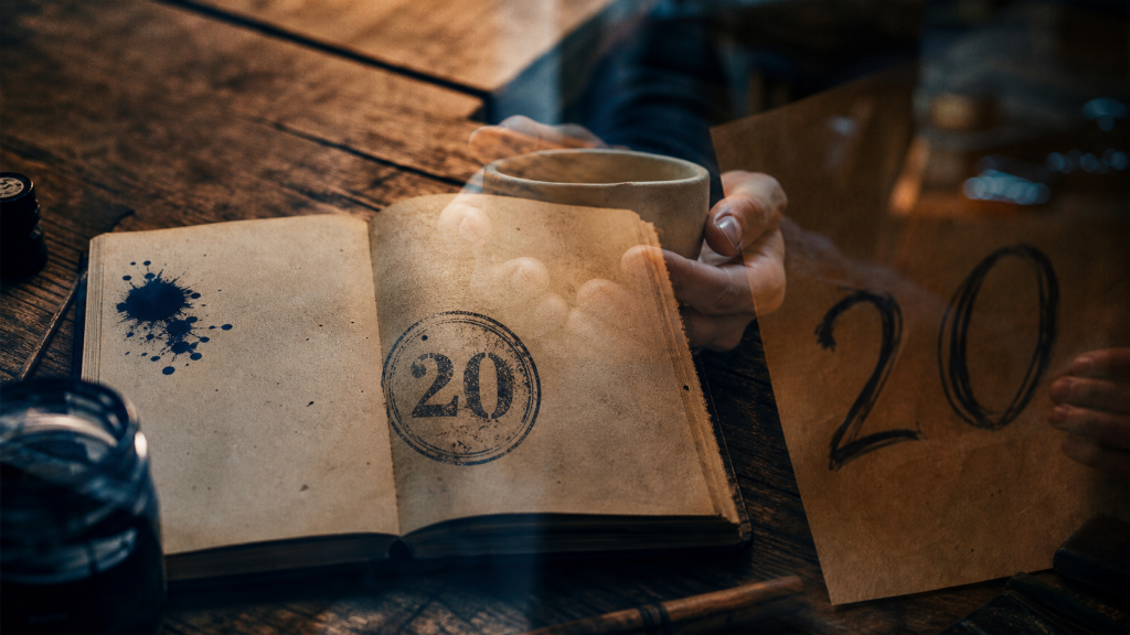 Chiffre 20 en double exposition, marque de dualité et potentiel infini