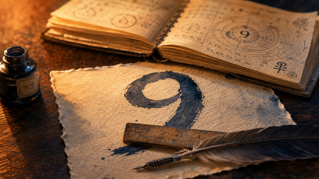 Chiffre 9, symbolique et numérologie, peinture à l’aquarelle sur papier