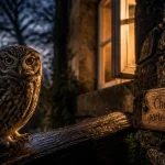 Chouette porte-bonheur ou malheur au crépuscule, regard perçant