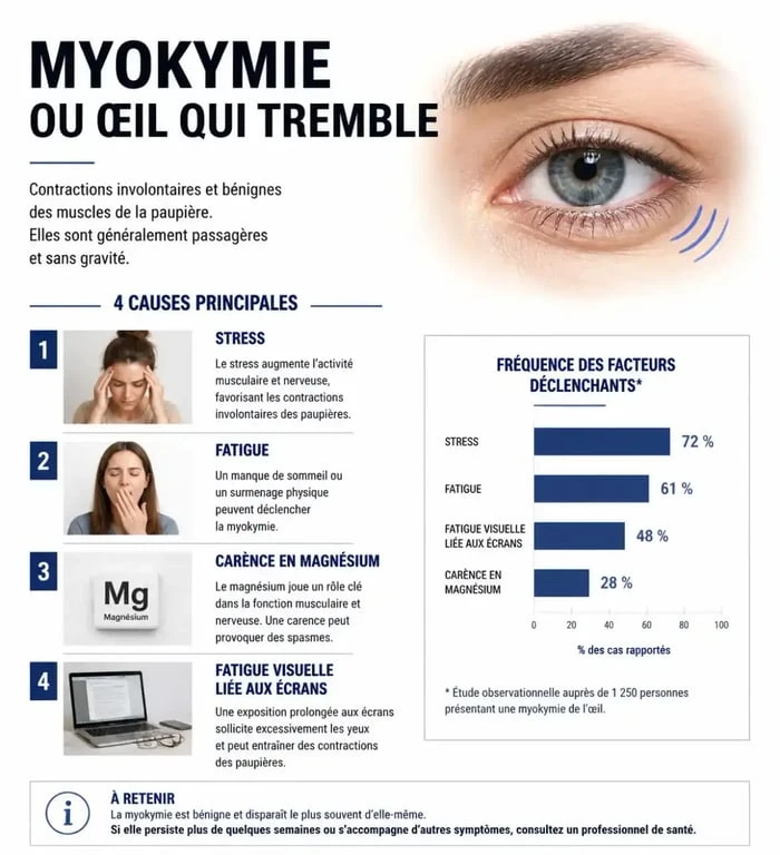 Infographie explicative des causes de l'œil qui tremble ou myokymie